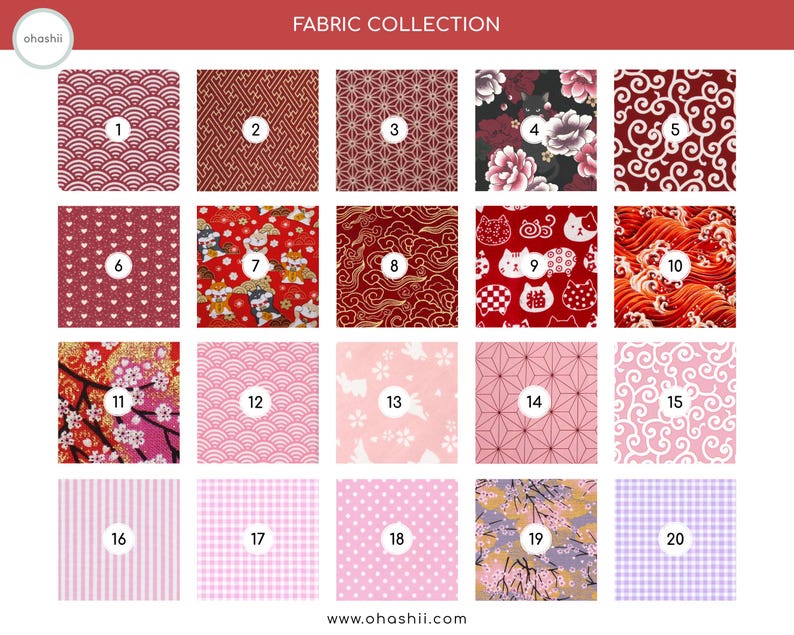 May include: A fabric collection featuring twenty different patterns. The patterns include waves, geometric shapes, floral designs, and polka dots. Colors include red, pink, gold, and purple. The text "FABRIC COLLECTION" is at the top.