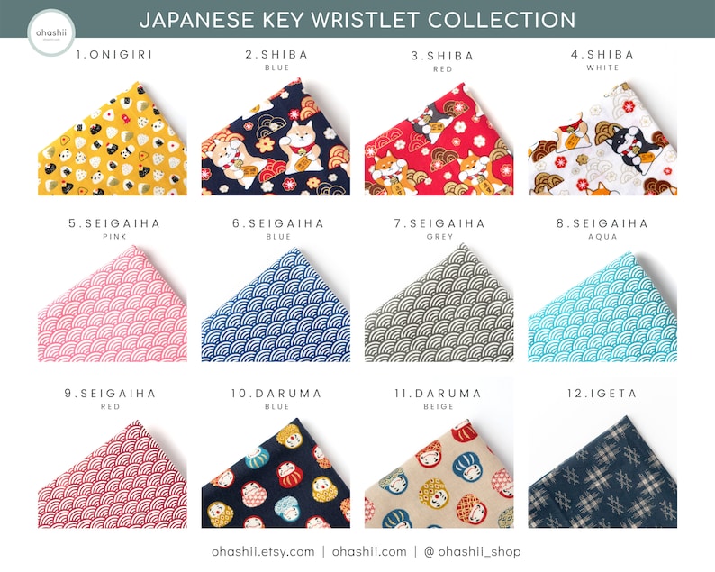 May include: A collection of 12 Japanese key wristlets featuring different patterns and designs. The designs include onigiri, shiba inu, daruma dolls, and seigaiha waves. The wristlets are available in a variety of colors, including red, blue, pink, grey, aqua, and beige.