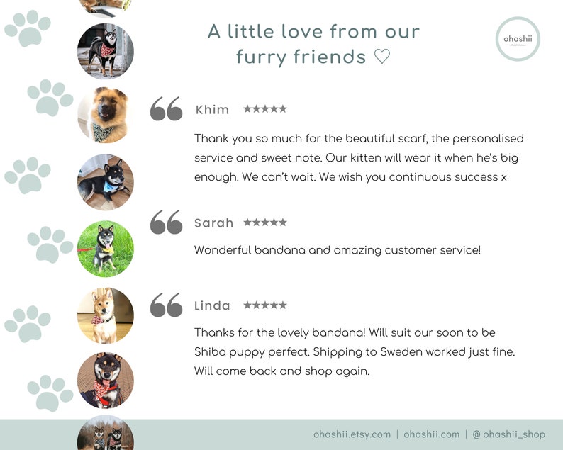 Puede incluir: Un collage de rese&ntilde;as de clientes con fotos de perros usando bandanas y bufandas. El texto dice "Un poco de amor de nuestros amigos peludos" e incluye el nombre de la empresa "ohashii".