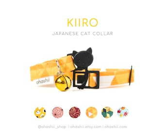 Puede incluir: Un collar japonés para gatos con un diseño geométrico amarillo y blanco. El collar presenta una hebilla negra con forma de gato y una campana dorada. El texto "KIRO" y "JAPANESE CAT COLLAR" se muestran en amarillo.