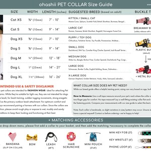 May include: A pet collar size guide with measurements in inches and suggested breeds. Includes a size chart for cats and dogs, with collar widths from 3/8" to 1 1/2" and lengths from 7" to 26". Features breakaway and plastic buckle types.