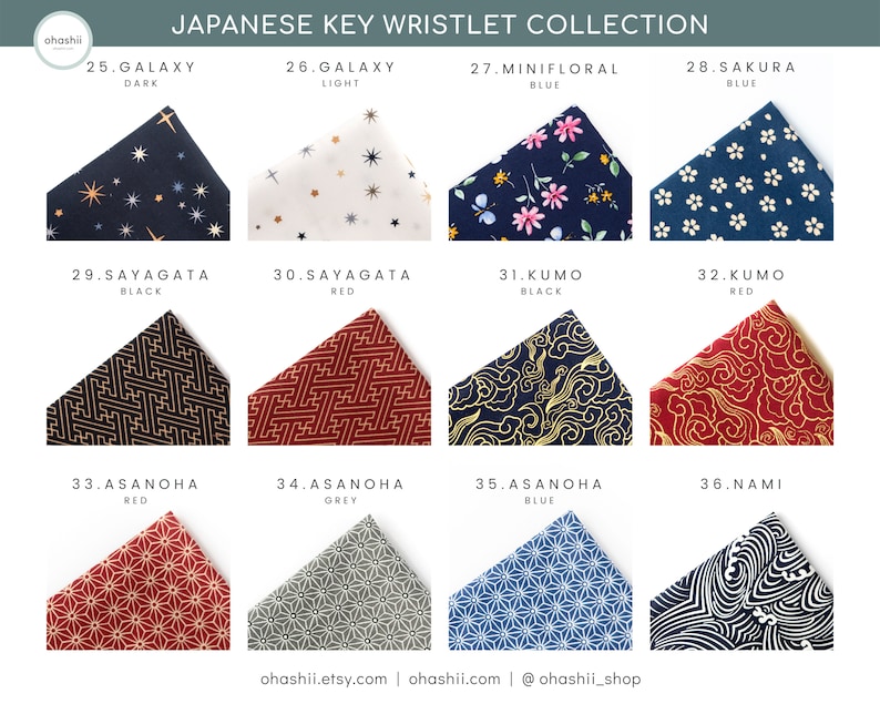 May include: A collection of 12 Japanese key wristlets featuring different patterns and colors. The wristlets are made of fabric and have a variety of designs, including stars, flowers, clouds, and geometric shapes. The wristlets are labeled with numbers and names, such as "Galaxy Dark", "Minifloral Blue", and "Sayagata Black".