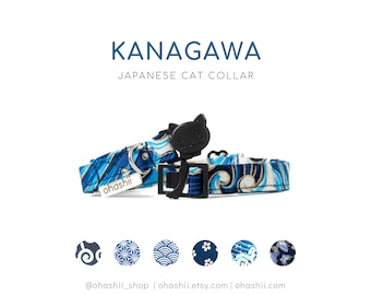 Japanese Kanagawa Cat Collar | 70+ Kawaii Kitten Collar Oriental Kimono Cat Collar Breakaway Buckle & Cute Bell Neko Handmade UK