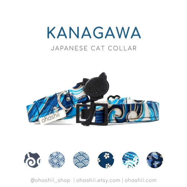 Japanese Kanagawa Cat Collar | 70+ Kawaii Kitten Collar Oriental Kimono Cat Collar Breakaway Buckle & Cute Bell Neko Handmade UK