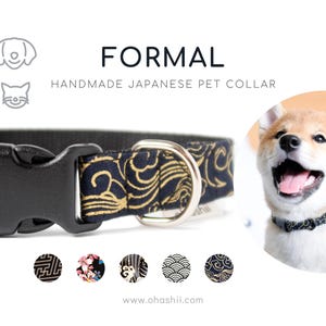 May include: A black and gold Japanese-style pet collar with a wave pattern. The collar is handmade and features a black plastic buckle. The text "FORMAL HANDMADE JAPANESE PET COLLAR" is displayed above the collar. The text "www.ohashii.com" is displayed below the collar.