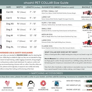 May include: A pet collar size guide with images of cats and dogs. The guide lists sizes, widths, and lengths in inches, along with suggested breeds. It also shows different buckle types and matching accessories like bells and bandanas.