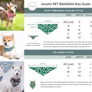Puede incluir: Una gu&iacute;a de tallas para bandanas para mascotas con dos estilos: de deslizamiento a trav&eacute;s del collar y de nudo. La gu&iacute;a incluye medidas de ancho, espacio del collar y tama&ntilde;o del cuello en pulgadas. Las bandanas presentan un patr&oacute;n verde y blanco con un dise&ntilde;o de remolino.