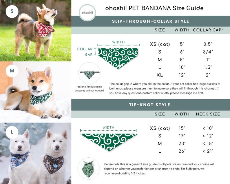 Puede incluir: Una gu&iacute;a de tallas para bandanas para mascotas con dos estilos: de deslizamiento a trav&eacute;s del collar y de nudo. La gu&iacute;a incluye medidas de ancho, espacio del collar y tama&ntilde;o del cuello en pulgadas. Las bandanas presentan un patr&oacute;n verde y blanco con un dise&ntilde;o de remolino.