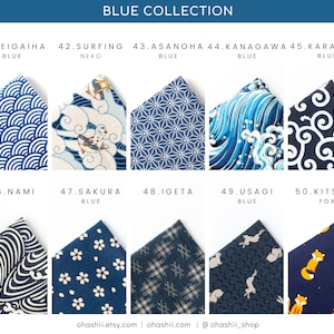 May include: A collection of ten different blue and white patterned fabric swatches. Each swatch is labeled with a number and a Japanese word. The words are: Seigaiha, Surfing Neko, Asanoha, Kanagawa, Karakusa, Nami, Sakura, Igeta, Usagi, and Kitsune Fox.