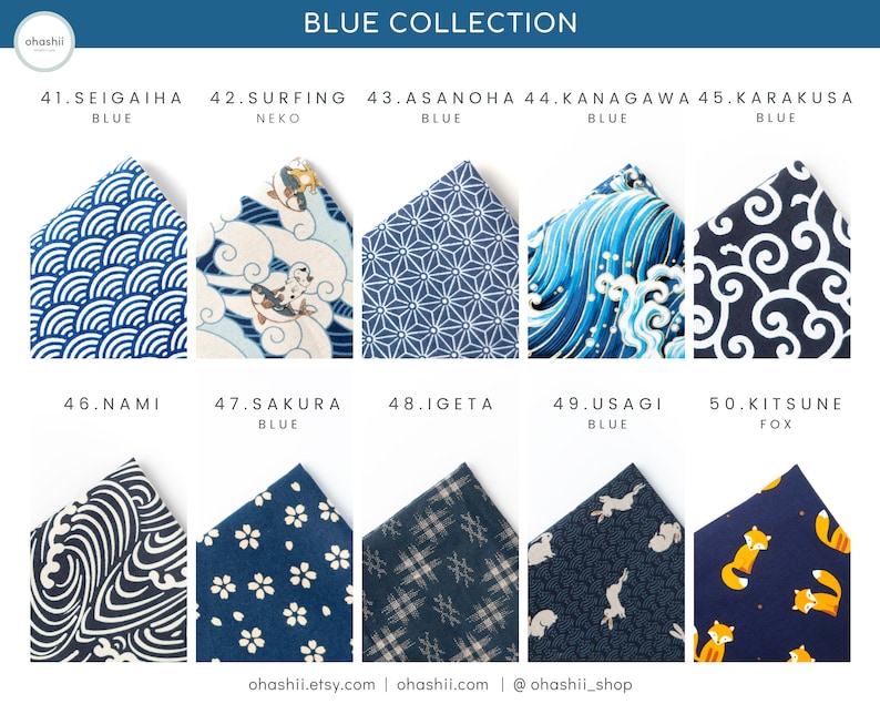 May include: A collection of ten different blue and white patterned fabric swatches. Each swatch is labeled with a number and a Japanese word. The words are: Seigaiha, Surfing Neko, Asanoha, Kanagawa, Karakusa, Nami, Sakura, Igeta, Usagi, and Kitsune Fox.
