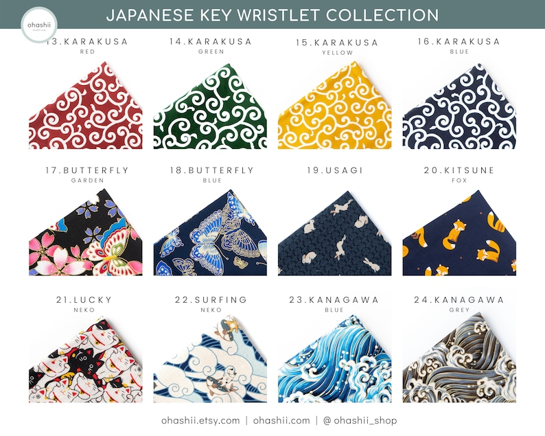 May include: A collection of 10 Japanese key wristlets featuring various designs, including red, green, yellow, and blue karakusa patterns, butterfly garden, blue butterfly, usagi, kitsune fox, lucky neko, surfing neko, and blue and grey kanagawa wave patterns.