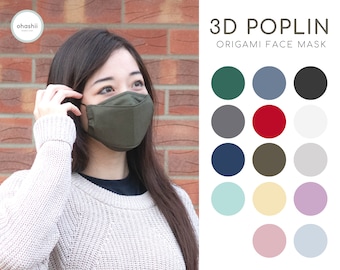 3D Poplin Face Mask Origami-Fit | Smart Casual Comfortable Mask for Glasses | Nose Wire, Filter Pocket, Washable, Breathable | UK Handmade