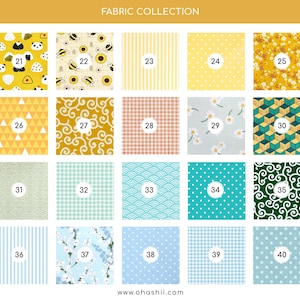 May include: A collection of fabric swatches with various patterns and colors. Designs include sushi, bees, sunflowers, stripes, polka dots, and floral prints. Each swatch is numbered, and the text "FABRIC COLLECTION" is at the top.