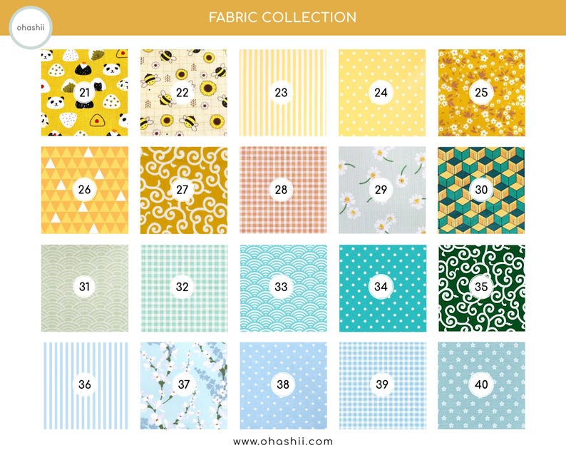 May include: A collection of fabric swatches with various patterns and colors. Designs include sushi, bees, sunflowers, stripes, polka dots, and floral prints. Each swatch is numbered, and the text "FABRIC COLLECTION" is at the top.