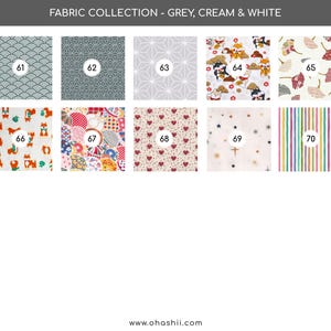 May include: A fabric collection featuring various patterns in grey, cream, and white. Designs include wave patterns, geometric shapes, floral motifs, and heart prints. Each fabric sample is numbered, with the text "FABRIC COLLECTION - GREY, CREAM & WHITE" at the top.