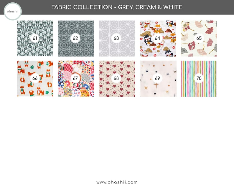 May include: A fabric collection featuring various patterns in grey, cream, and white. Designs include wave patterns, geometric shapes, floral motifs, and heart prints. Each fabric sample is numbered, with the text "FABRIC COLLECTION - GREY, CREAM & WHITE" at the top.