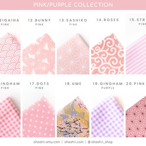 May include: A collection of 10 different pink and purple fabric swatches with various patterns, including seigaiha, bunny, sashiko, roses, stripes, gingham, dots, ume, and pink star. The fabrics are arranged in a grid with the name and color of each fabric listed below it.