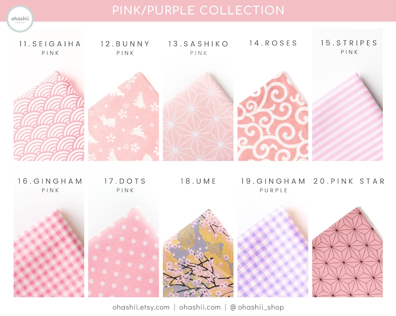 May include: A collection of 10 different pink and purple fabric swatches with various patterns, including seigaiha, bunny, sashiko, roses, stripes, gingham, dots, ume, and pink star. The fabrics are arranged in a grid with the name and color of each fabric listed below it.