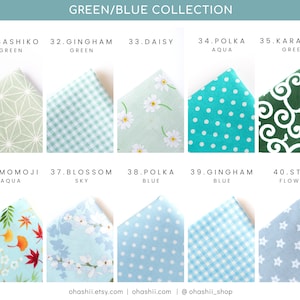 May include: A collection of ten fabric swatches in various green, blue, and white patterns. The swatches are labeled with numbers and names, such as "Sashiko Green", "Gingham Green", "Daisy Aqua", "Polka Aqua", "Karakusa Green", "Momoji Aqua", "Blossom Sky", "Polka Blue", "Gingham Blue", and "Star Flower".