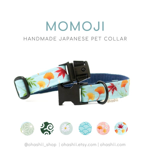 MOMOJI Pet Collar | 69+ Japanese Autumn Dog Collar Puppy, Cat Collar XS, S, M, L, 15mm, 20mm, 25mm Buckle Side Release | Handmade in UK