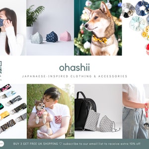 May include: A collage of images featuring Japanese-inspired clothing and accessories. The images include a variety of items, such as face masks, scrunchies, keychains, and dog collars. The text "ohashii" and "JAPANESE-INSPIRED CLOTHING & ACCESSORIES" is displayed on the collage.
