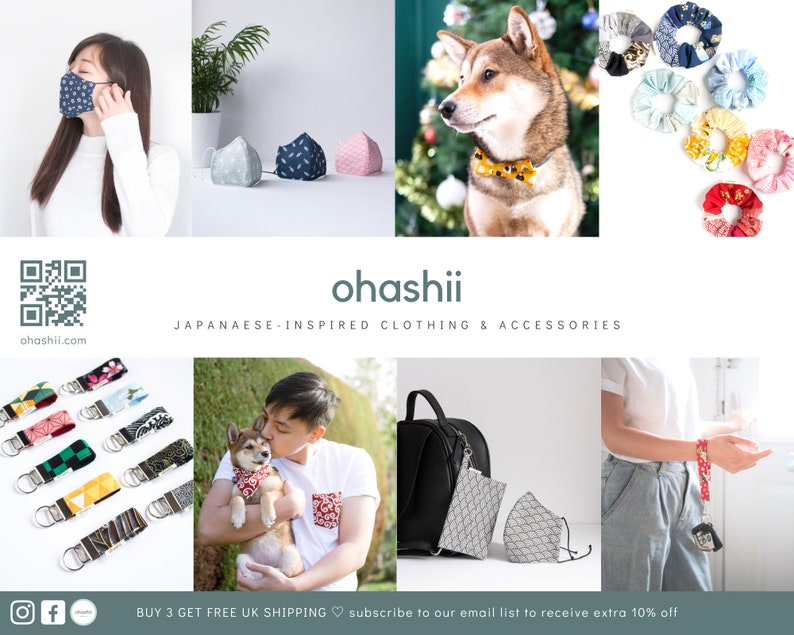 May include: A collage of images featuring Japanese-inspired clothing and accessories. The images include a variety of items, such as face masks, scrunchies, keychains, and dog collars. The text "ohashii" and "JAPANESE-INSPIRED CLOTHING & ACCESSORIES" is displayed on the collage.