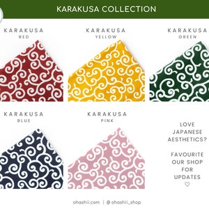 Puede incluir: Una colecci&oacute;n de cinco cuadrados de tela con un patr&oacute;n japon&eacute;s tradicional llamado karakusa. Los cuadrados son de color rojo, amarillo, verde, azul y rosa.