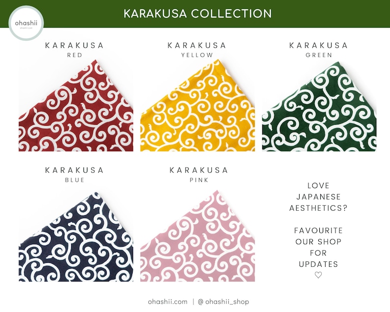 Puede incluir: Una colecci&oacute;n de cinco cuadrados de tela con un patr&oacute;n japon&eacute;s tradicional llamado karakusa. Los cuadrados son de color rojo, amarillo, verde, azul y rosa.