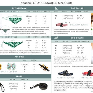 May include: A size guide for pet accessories, including bandanas, collars, and leashes. The guide features different styles and sizes for cats and dogs, with measurements in inches. The guide also includes information about breakaway buckles and the importance of using a harness for dogs who pull on the leash.