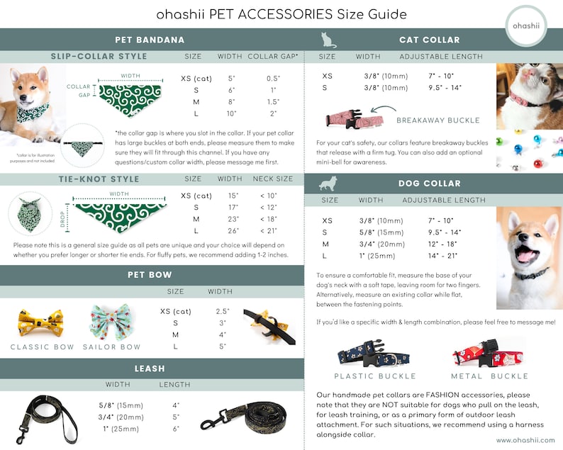 May include: A size guide for pet accessories, including bandanas, collars, and leashes. The guide features different styles and sizes for cats and dogs, with measurements in inches. The guide also includes information about breakaway buckles and the importance of using a harness for dogs who pull on the leash.
