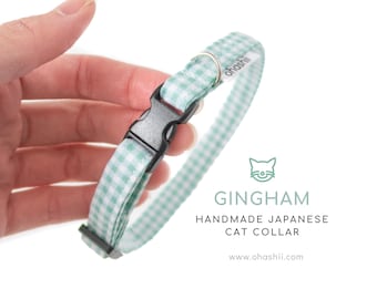 Grün Gingham Katzenhalsband | 'Coquette' Gingham Katzenhalsband | Süßes Pastell Grün Kariertes Katzen Halsband | Handgemachtes Katzenhalsband in Mintgrün