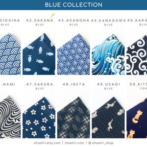 May include: A collection of 10 different blue fabric swatches with Japanese patterns. The patterns include waves, fish, flowers, rabbits, and foxes. The swatches are labeled with numbers and names in English and Japanese.