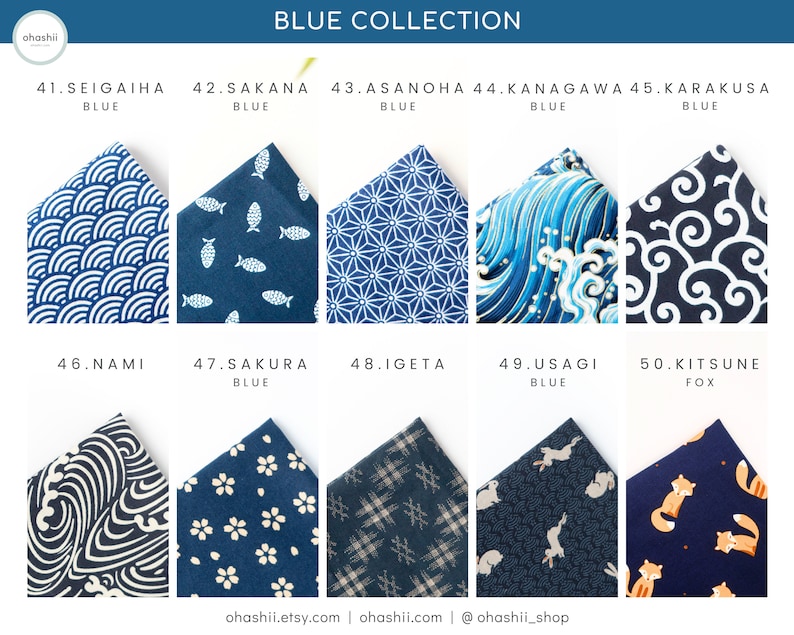 May include: A collection of 10 different blue fabric swatches with Japanese patterns. The patterns include waves, fish, flowers, rabbits, and foxes. The swatches are labeled with numbers and names in English and Japanese.