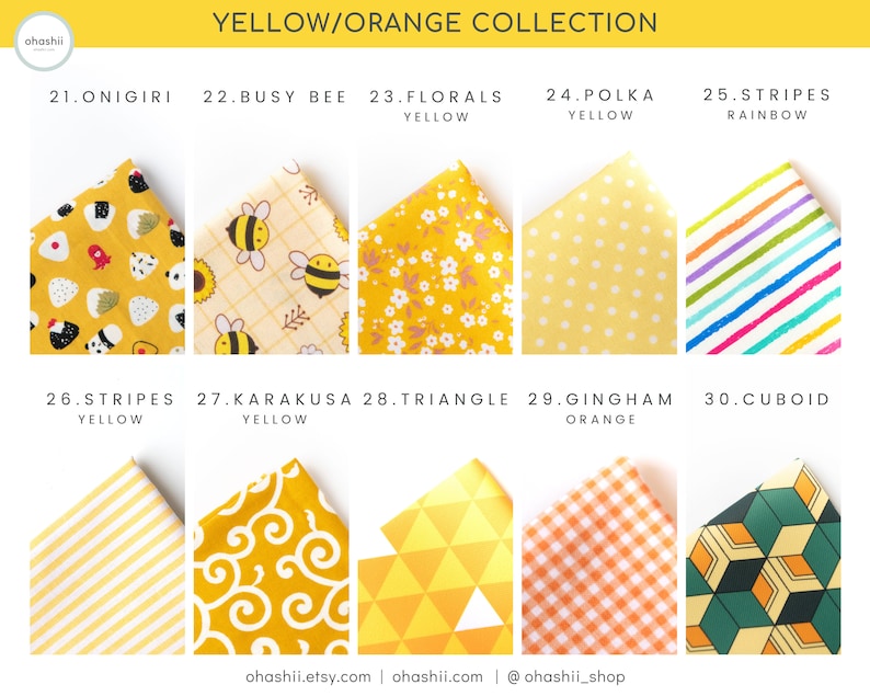 May include: A collection of 10 different yellow and orange fabric swatches with various patterns, including stripes, polka dots, florals, and geometric designs. The swatches are labeled with numbers and names, such as "Onigiri", "Busy Bee", and "Karakusa".
