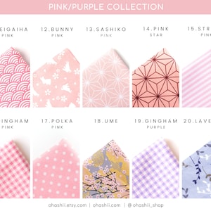May include: A collection of 10 different pink and purple fabric swatches with various patterns, including polka dots, stripes, gingham, and floral designs. The swatches are labeled with numbers and names, such as "Seigaiha Pink", "Bunny Pink", and "Sashiko Pink".
