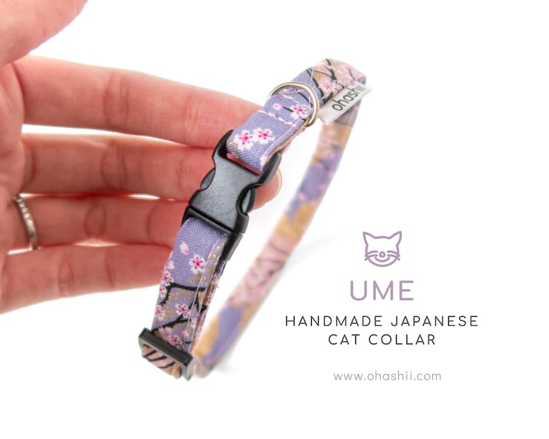 Japanese UME Cat Collar | Plum Blossom Kitten Collar with Breakaway Buckle | Elegant Floral Sakura Cherry Blossom Design | Handmade in UK image 1