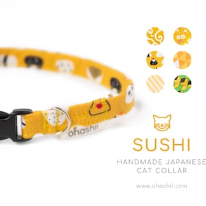 SUSHI Cat Collar | Kawaii Sushi Cat Collar Neko Kitty Collar | Japanese Onigiri Cat Collar Unique Quirky Yellow Cat Collar Anime Handmade UK