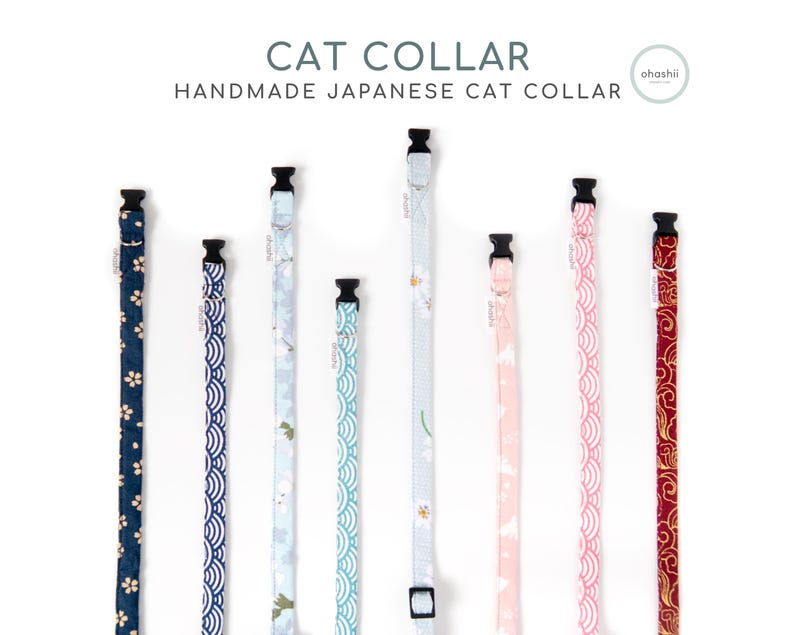 May include: A collection of handmade Japanese cat collars in various colors and patterns. The collars feature floral, wave, and geometric designs in navy, blue, pink, and red. Each collar has a black plastic buckle.