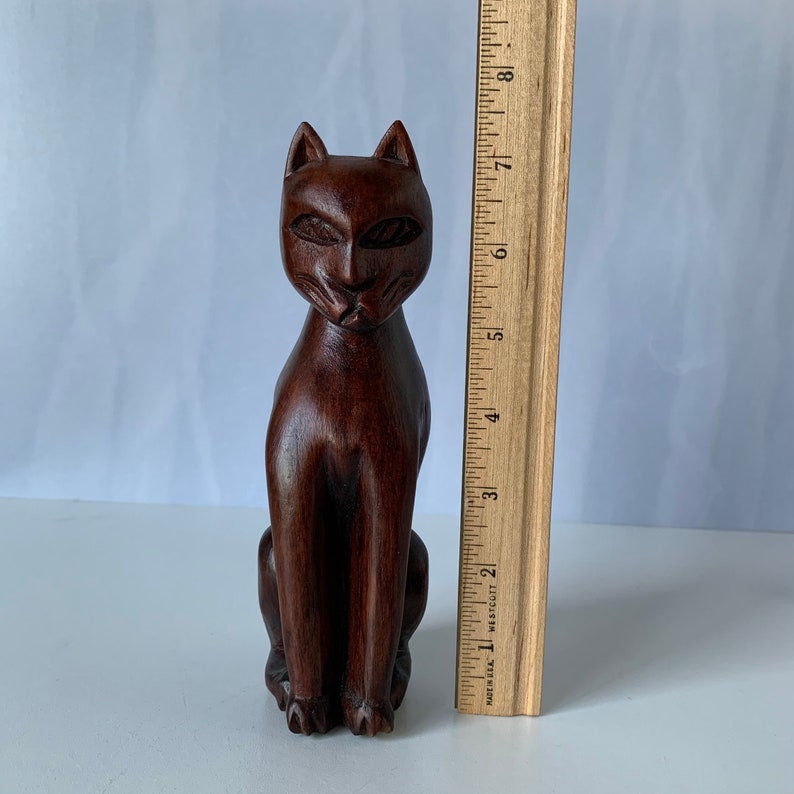 WOOD CAT FIGURE Hand Carved Dark Brown Wooden Cat Statue Etsy