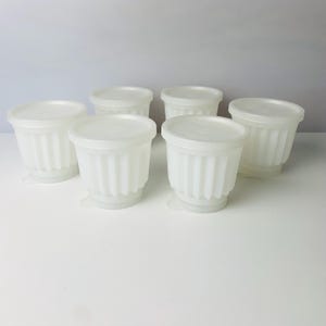 May include: Six white, ribbed plastic containers with lids are arranged on a white surface. The containers have a classic design, with a rounded base and a lid that fits snugly on top. The containers are likely for food storage or portioning.