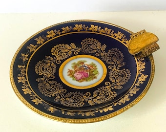 LIMOGES ASHTRAY, Vintage Limoges Porcelain Ashtray with Brass Edge and Single Metal Slot, Limoges France Ashtray Catch All Ring Dish