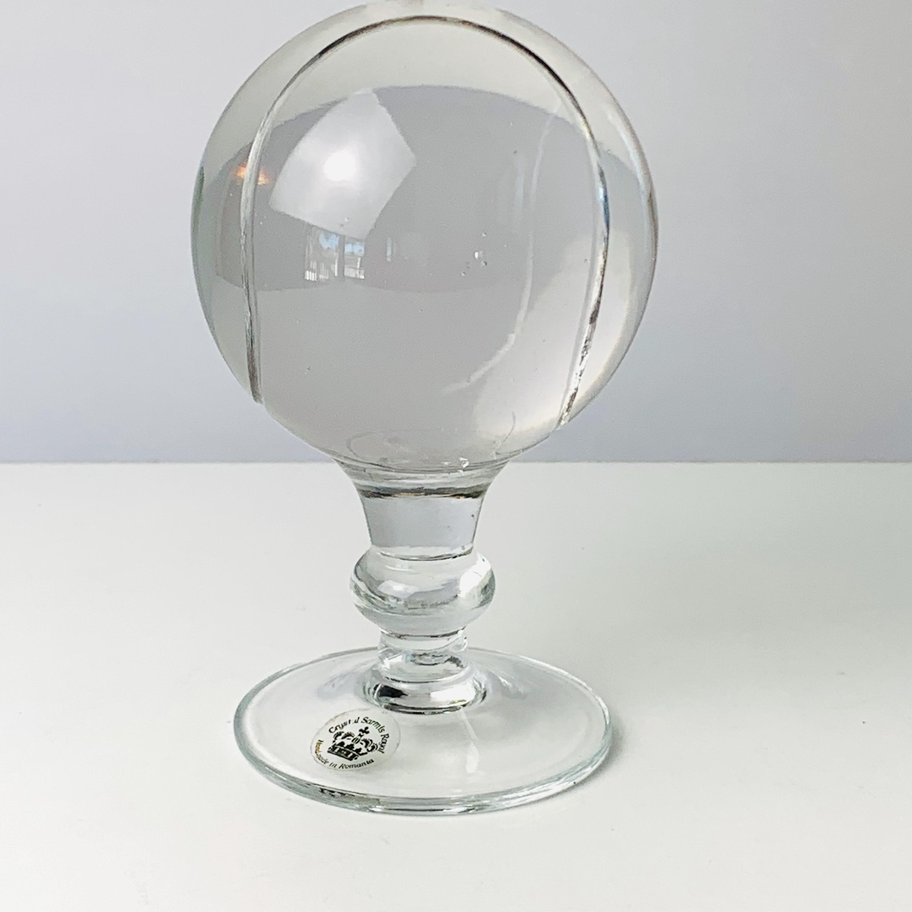 TENNIS BALL PAPERWEIGHT, Crystal Sarmis Royal Glass Figure, Solid Glass Ball with Pedestal, Crystal Tennis Ball, 4-1/4" Tall, Tennis Trophy