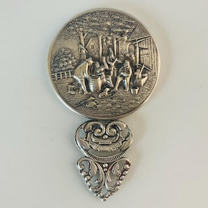 SILVERPLATED HANDHELD MIRROR, Vintage Hans Jensen Denmark Silverplate Repousse Beveled Mirror, Pocket Vanity Bedside Mirror, Embossed Art