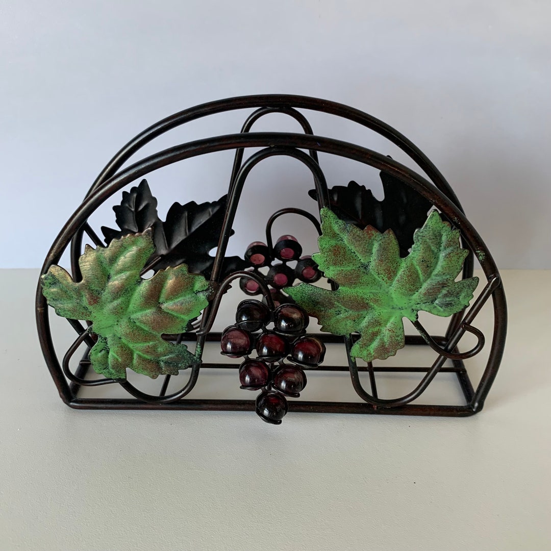 GRAPES NAPKIN HOLDER, Metal Napkin Holder With Glass Look Bunch of Glass Grapes and Green Leaves
