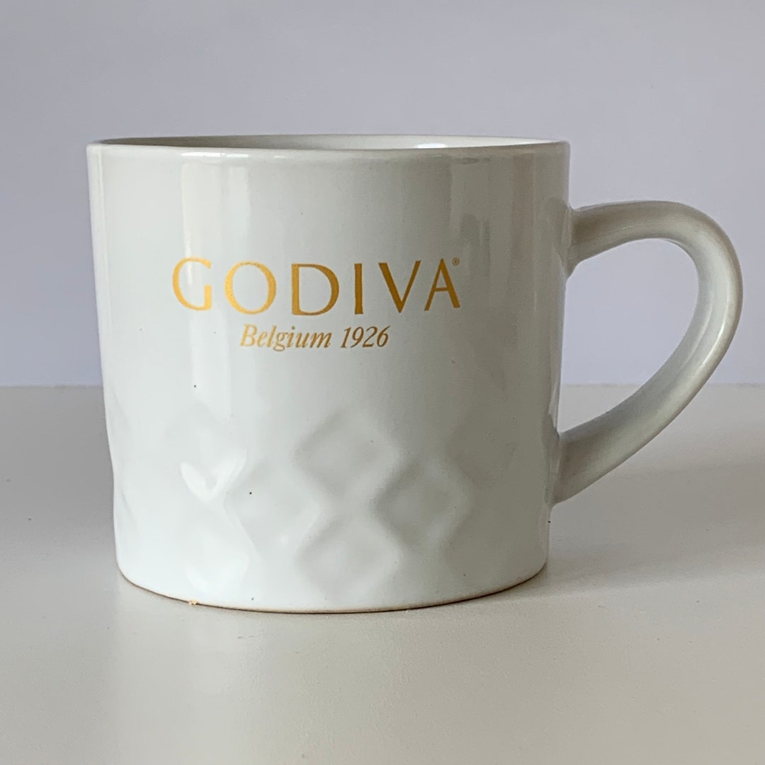 GODIVA COFFEE MUG, Modern Gourmet Foods Ceramic White and Gold Godiva