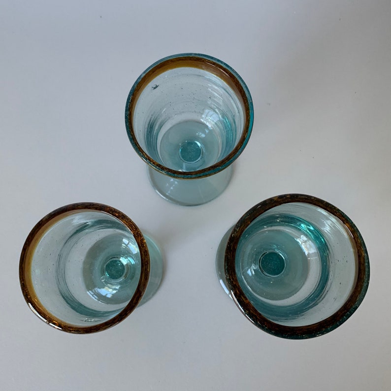3 BUBBLE GLASS GOBLETS Hand Blown Blue Green Pedestal Etsy