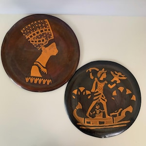 2 EGYPTIAN COPPER PLATES, Vintage Cairo Ware Copper Brass Engraved Egypt Wall Art, Cleopatra Egyptian Decorative Hangable Plates, 9-1/2&quot; D