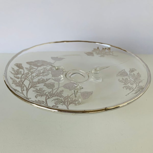 SILVER OVERLAY DISH, Silver Floral Overlay Ball Footed Plate, Sterling Overlay Chrysanthemum, Small Cake Plate, Cookies Tray, Desert Dish