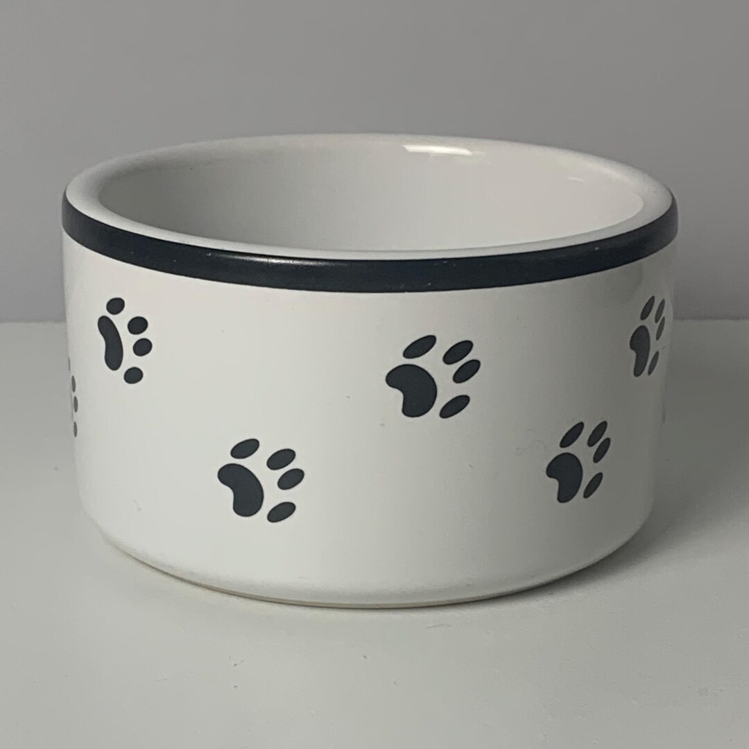 SMALL PET BOWL, White Glaze With Black Paws Prints Kitty Puppy Bowl ...