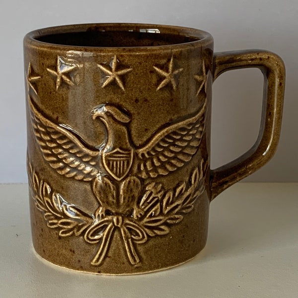 VINTAGE EAGLE MUG, Eagle and Stars Embossed Coffee Cup, Made in Japan, Small Vintage Brown Glazed Ceramic Embossed Military Eagle Cup Mug